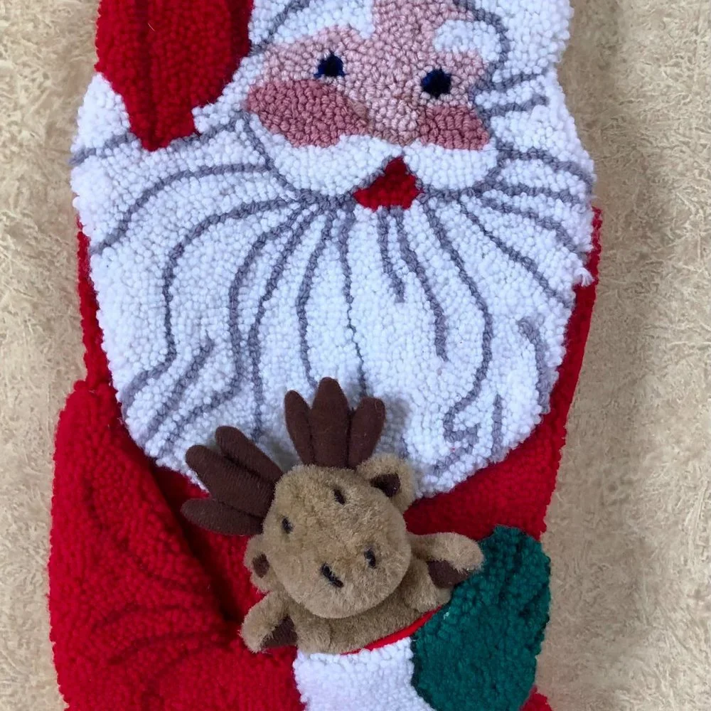 Vintage 3D Santa Reindeer SUPER Plush Quilted Christmas Stocking 20